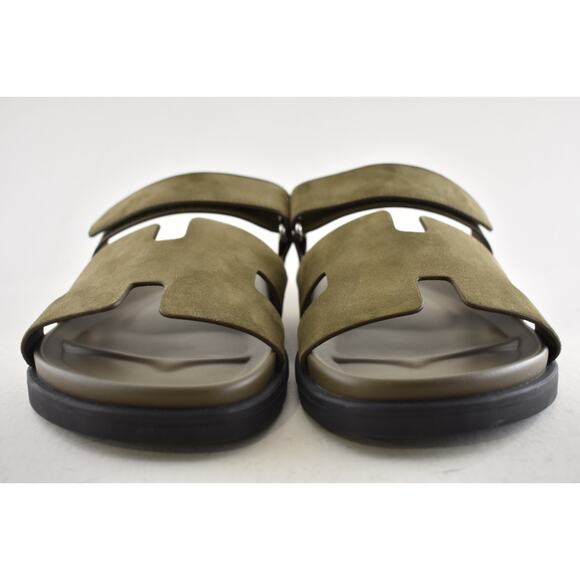 Hermes Chypre Sandal Mens Vert Toundra Green Suede Black H Logo Slide Flat 46 13 - Picture 8 of 16